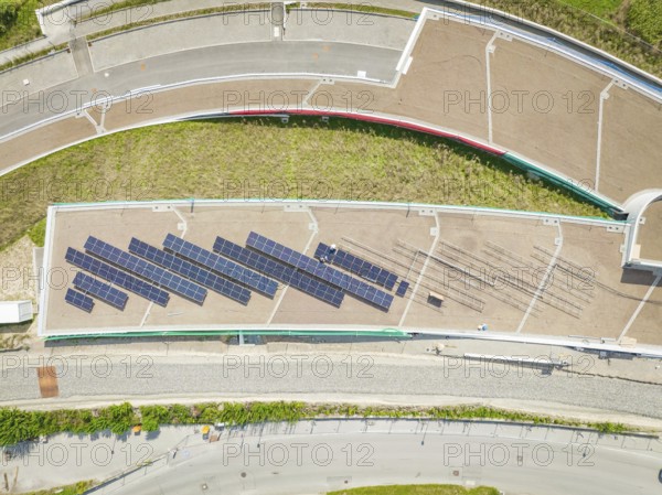 Top view of a roof area with installed solar system, aesthetically arranged, new park and ride parking garage Calw Heumaden on the new Hermann Hessebahn, Calw, Germany