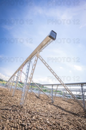 Close-up of a metal structure for solar modules under a clear blue sky, new park and ride car park Calw Heumaden on the new Hermann Hessebahn, Calw, Germany