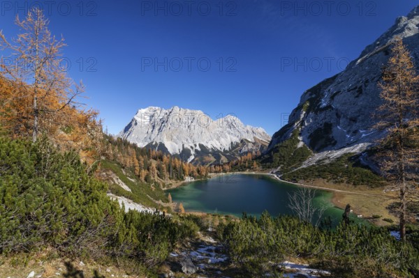 Seebensee with Zugspitze and Wetterstein Mountains in autumn, Alps, Tyrol, Austria