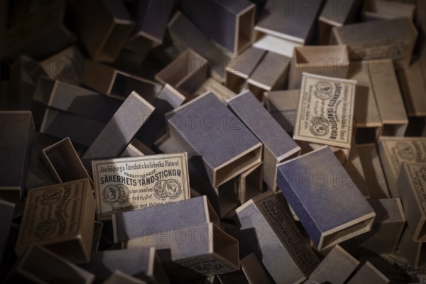 Old matchboxes covered with historical motifs, Tändsticksmuseet matchstick museum or match museum, Jönköping, Jönköpings län, Sweden