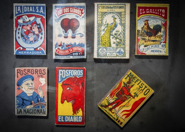 Matchboxes with old label design and different motifs, Tändsticksmuseet matchstick museum or match museum, Jönköping, Jönköpings län, Sweden
