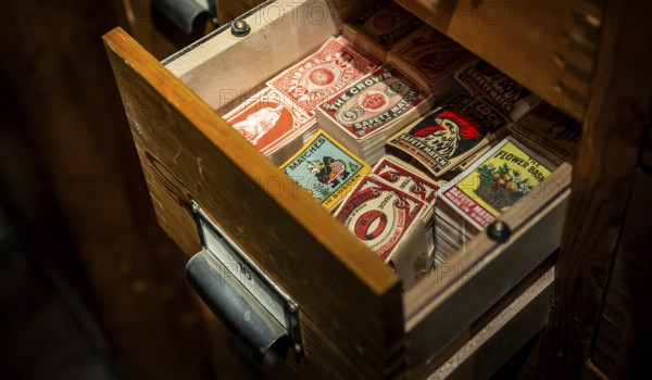 Historical matchbox labels, various motifs, in wooden drawer, Tändsticksmuseet matchstick museum or match museum, Jönköping, Jönköpings län, Sweden