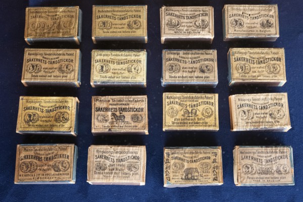 Matchboxes with old label design, Tändsticksmuseet Match Museum or Match Museum, Jönköping, Jönköpings län, Sweden