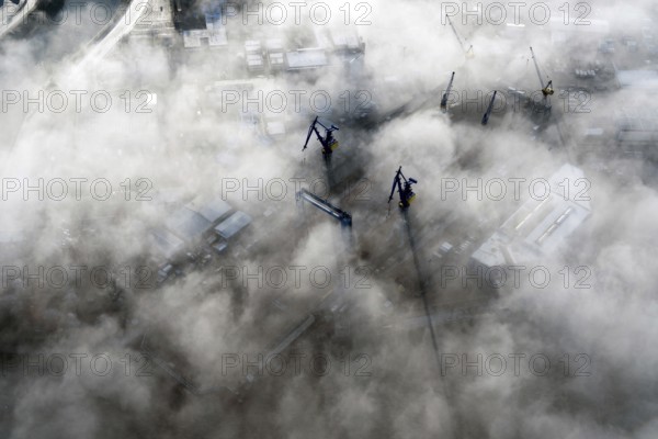 Blohm and Voss, Lürssen shipyard, cranes looking out of the fog, Hamburg, Elbe, Germany, shipbuilding, dock, dry dock, company, B u V, Hamburg, port, shipping, repair, B&V, aerial view, aerial view, aerial view, aerial view, aerial view, aerial view, aerial view, bird's eye view, special shipbuilding, tradition, shipyard, shipyard, shipyard location, crane, cranes, sea fog, fog, clouds