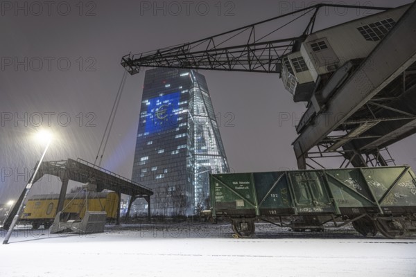 The façade of the European Central Bank (ECB) in Frankfurt am Main will be illuminated with a light show to mark the introduction of the euro in Bulgaria on 1 January 2026, Frankfurt am Main, Hesse, Germany