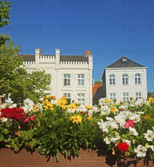 Harbour forecourt in front of Norderstraße, Neo-Gothic façade, City of Weener, East Frisia, Germany