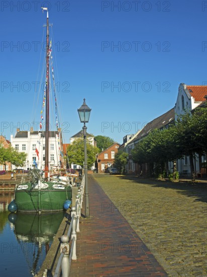Historic harbour, traditional ship, city of Weener, East Frisia, Germany