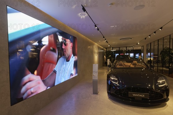 Aston Martin Vantage luxury sports car, exhibited in the Düsseldorf showroom, North Rhine-Westphalia, Germany