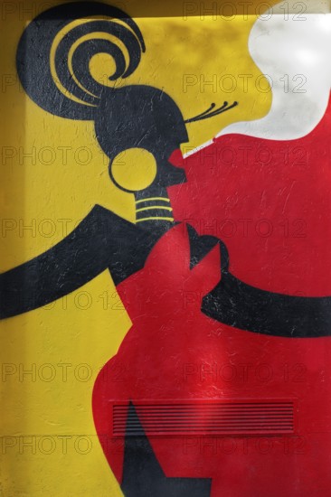 Stylized female figure, colored mural by street art artist Mina Mania, Cubus Kunsthalle, Immanuel-Kant-Park, Duisburg, North Rhine-Westphalia, Germany