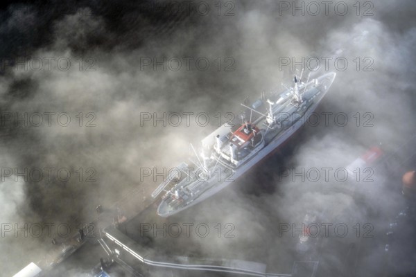 Cap San Diego under clouds, museum to touch, white swan of the South Atlantic, cargo ships, museum, ship, tree wall, fog, aerial photoHamburg