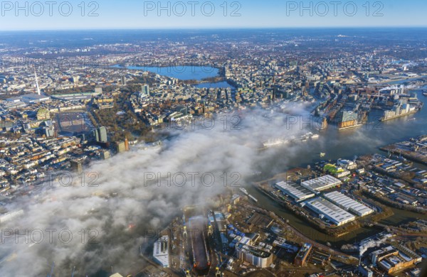 Sea fog, Germany, Hamburg, Alster, city view, cityscape, aerial view, aerial view, from, above, water, river, city center, church tower, sunny, town hall, St. Petri, St. Jacobi, St. Nicolai, Katharinen church, Speicherstadt, Hafencity, Elbe, Wallring, Elbe Philharmonic Hall, port, port area, city, development, urban planning, big city, construction