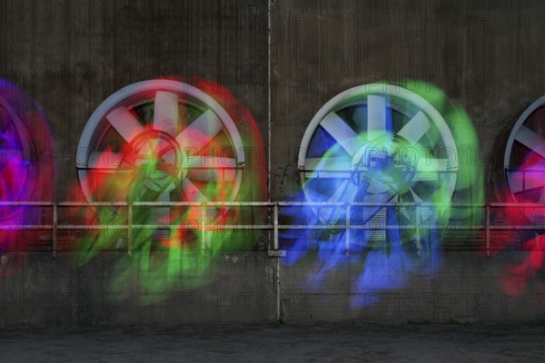 Light painting, color-lit fans of the former cooling plant, Landschaftspark Duisburg-Nord, Duisburg, Germany, North Rhine-Westphalia, Germany