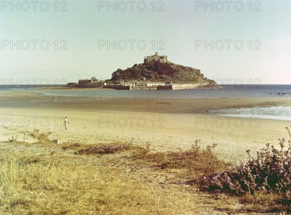 Beach at low tide, St Michael's Mount tidal island, Marazion, Cornwall, England, UK 1960s