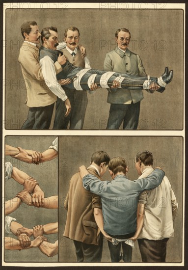 First aid, transportation of accident victims, school picture, authentic reproduction of a school mural, around 1911, exact date unknown, historical