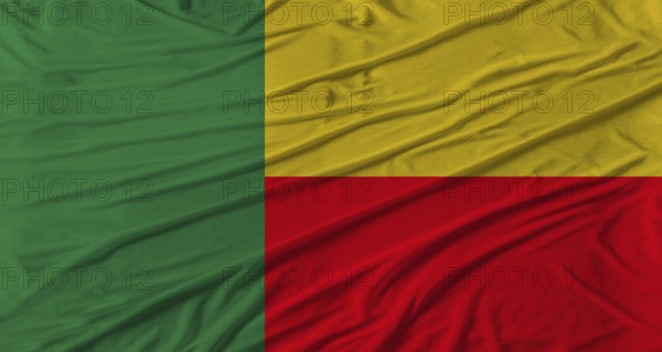 Benin flag waving. Flag of Benin with cloth texture