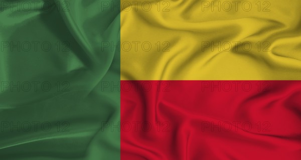 Realistic Benin flag waving. Close up of flag of Benin with cloth texture