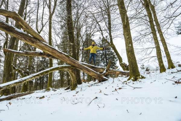 Man wearing a yellow jacket and hat balancing arms outstretched on a large fallen tree log covered in snow, showcasing adventure and freedom in a winter landscape with tall bare trees