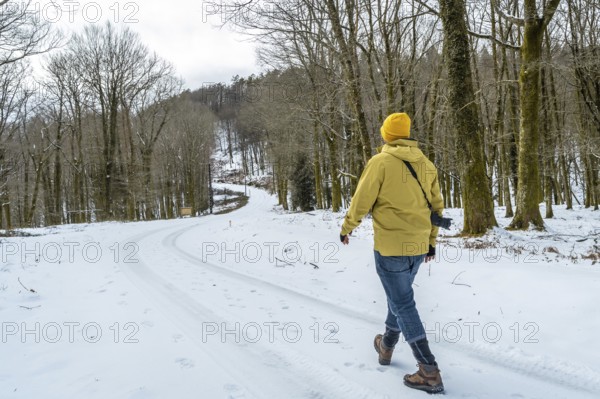 Man with camera backpack trekking a winding snowy path through a bare winter forest, enjoying peaceful solitude and scenic outdoors on a cold overcast hiking trail