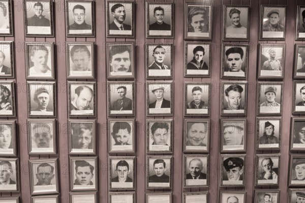 Gallery of portraits of Norwegian resistance fighters in the partisan museum in the old school of Kiberg on a wooden wall, Kiberg, Troms, Norway