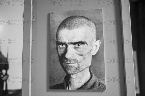 Black and white portrait of a serious-looking Norwegian partisan from the Kiberg Partisan Museum, Troms, Norway