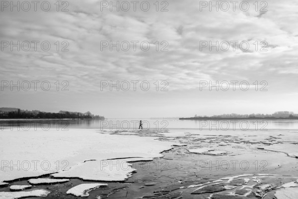 A person walks on a frozen lake under a cloudy sky in a wintry landscape, black and white photography, Radolfzell am Lake Constance, district of Konstanz, Baden-Württemberg, Germany