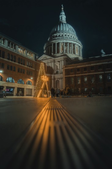 Illuminated St Paul Cathedral with decorated Christmas tree and festive night atmosphere, London, England, Great Britain