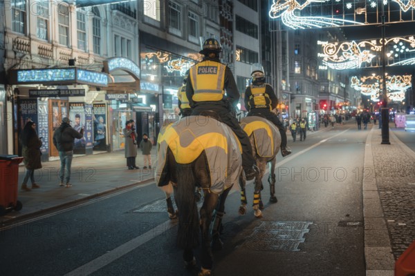 Police horses patrol an illuminated city street at night, surrounded by pedestrians and bright lights, London, England, Great Britain
