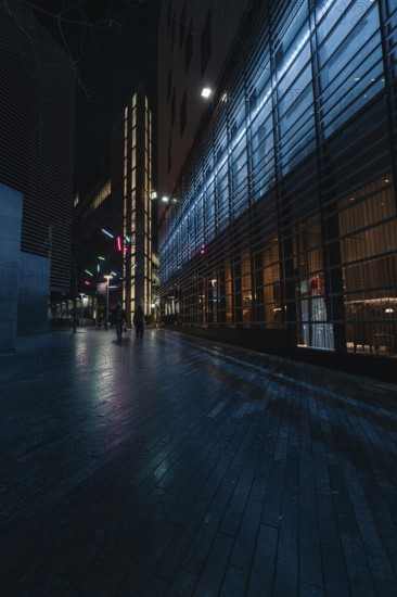 Modern buildings with blue lighting, quiet atmospheric scene, London, England, United Kingdom