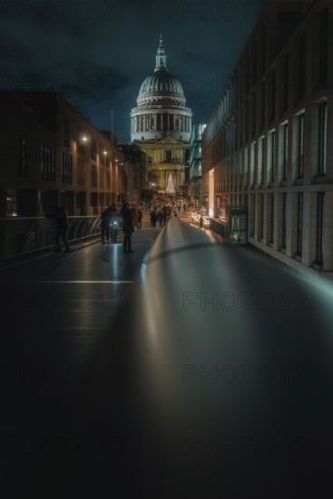 Illuminated bridge with St Paul Cathedral and city background at night, people walking, London, England, Great Britain