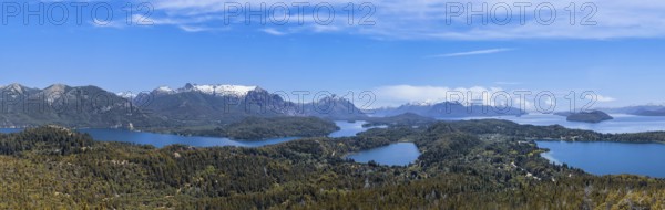 Argentina, Patagonia, scenic panoramic landscapes of Isla Victoria and Andes from Cerro Campanario