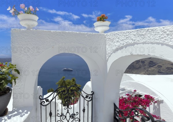 Greek islands, scenic Santorini Sea landscapes at sunset and Fira views