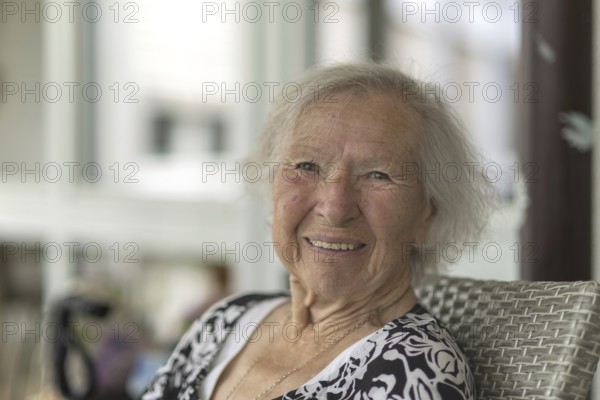 Smiling 86-year-old woman, retirement home, Jettingen, Baden-Württemberg, Germany