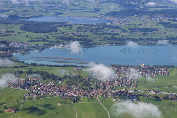 Panorama from Tegelberg, 1881m, on Schwangau, Waltenhofen, Forggensee and Hopfensee, Füssener Land, Ostallgäu, Bavaria, Germany