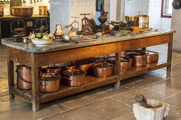 Copper pots and copper pans, kitchen of the palace Palácio Nacional da Pena, Sintra, Portugal