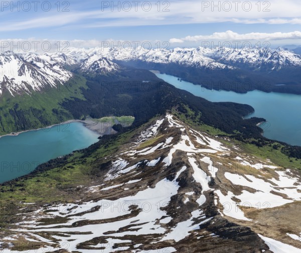 View of mountain landscape with turquoise blue fjord Sadie Cove and Tutka Bay, aerial view, Grace Ridge, Kachemak Bay State Park, Kenai Peninsula, Alaska, USA
