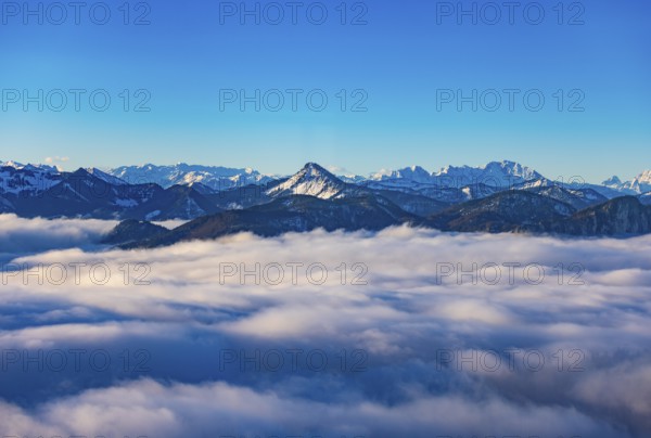 View from Kulmspitze, Faistenauer Schafberg juts out of the sea of fog, inversion weather, Osterhorn Group, Mondseeland Salzkammergut, Upper Austria, Austria