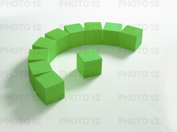 10 green wooden cubes against a white background
