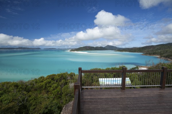 Sunny daytime view from Hill Inlet lookout over Whitehaven Beach, Whitsunday Island, Queensland, Australia
