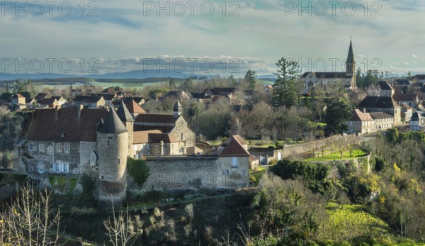View of St Vincent's Abbey Church of Chantelle. Allier department. Auvergne Rhone Alpes. France