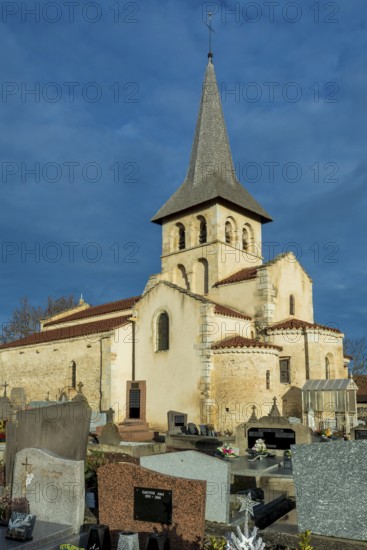 Mazerier village. Painted church St. Saturninus Church. Allier department, Auvergne Rhone Alpes, France