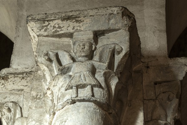 Capital of St Vincent's Abbey Church of Chantelle. Allier department. Auvergne Rhone Alpes. France