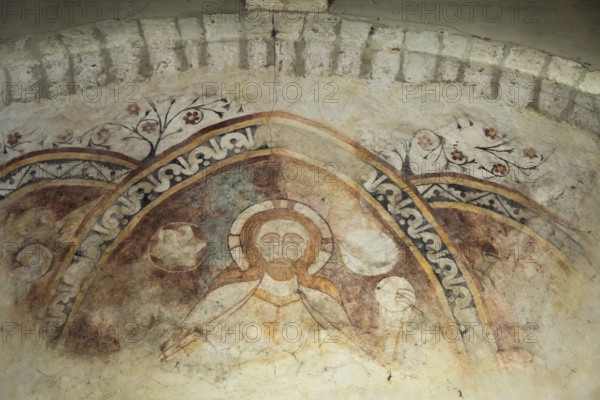 St Cyr and St Julitte's Church, roman church of Escurolles, Christ in majesty. Allier department, Auvergne Rhone Alpes, France