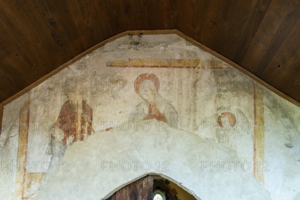 The Annunciation. Painted church St Aignan's, Church of Begues. Allier department. Auvergne Rhone Alpes. France