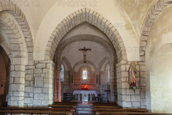 Natural regional park of Livradois Forez. Interior of Roman church Saint-Hilaire of Saint-Hilaire village. Haute Loire. Auvergne Rhone Alpes. France