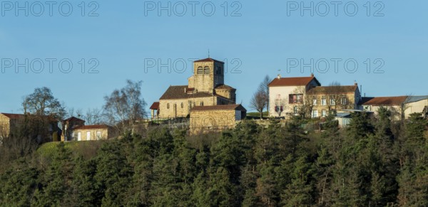 Saint Hilaire village. Natural regional park of Livradois Forez. Interior of Roman church Saint-Hilaire, Haute Loire. Auvergne Rhone Alpes. France