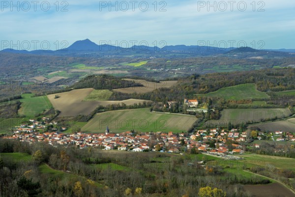 Saint Sandoux village and volcano Puy de Dome in the background, Puy de Dome, Auvergne, France