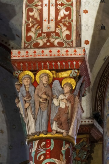 Issoire. Pillar (The Holy Women at the Tomb), Saint-Austremoine roman chuch, Puy de Dome, Auvergne-Rhone-Alpes, France