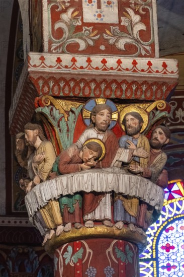 Issoire. Pillar (Last Supper), Roman church Saint Austremoine, Auvergne Rhone Alpes, France