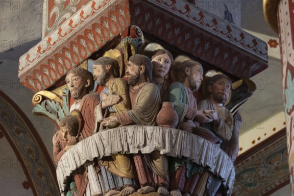 Issoire, pillar (Last Supper), Saint-Austremoine Roman church, Puy de Dome department, Auvergne Rhone Alpes, France