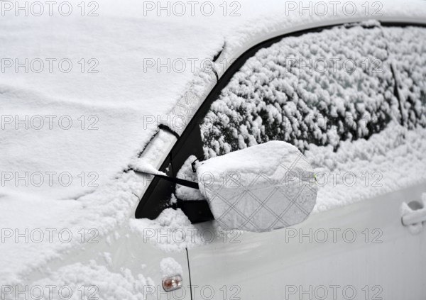 Winter car with windshield cover, on windshield, rearview mirror, thermal window protector, mirror cover, parked, frozen, snow, snow-covered, Stuttgart, Baden-Württemberg, Germany
